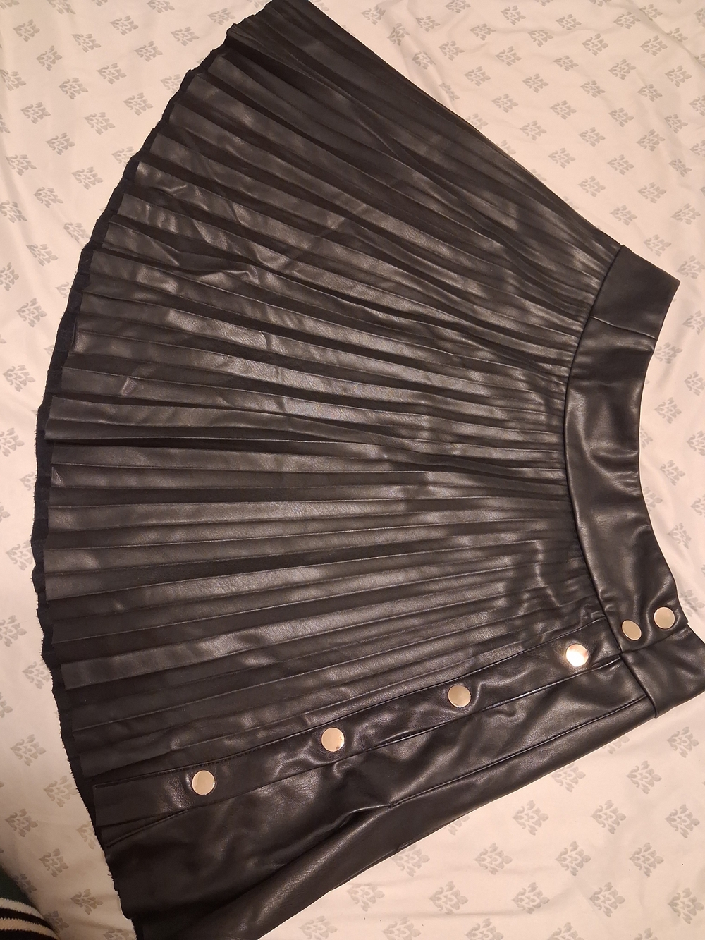 Zara Black Pleated Faux Leather Skater Skirt with Gold Buttons